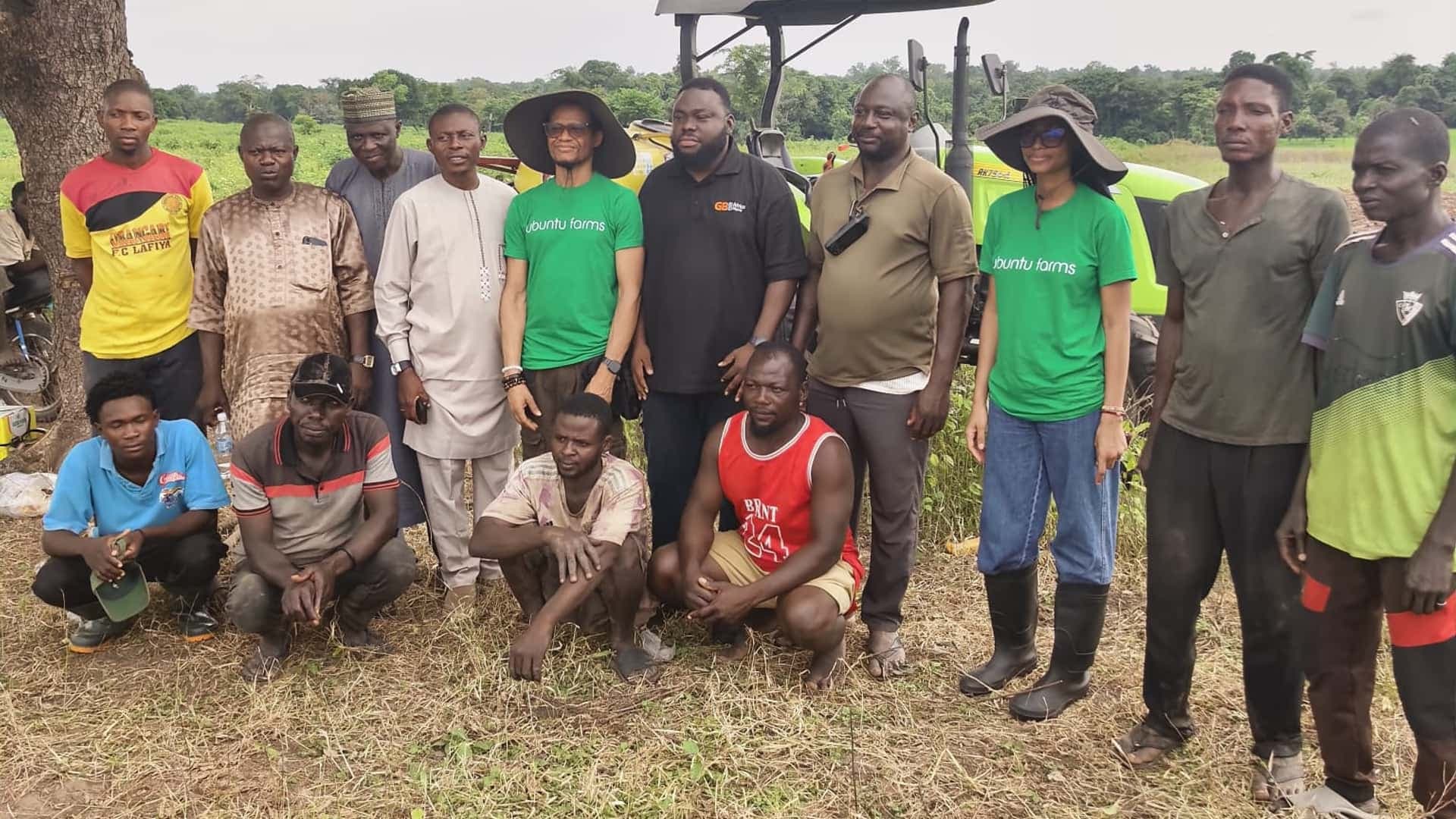 Ubuntu Farms team and community members gathered in the field during the 2026 soybean season